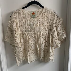 FARM Rio Cream Cropped Blouse with Flutter Sleeves